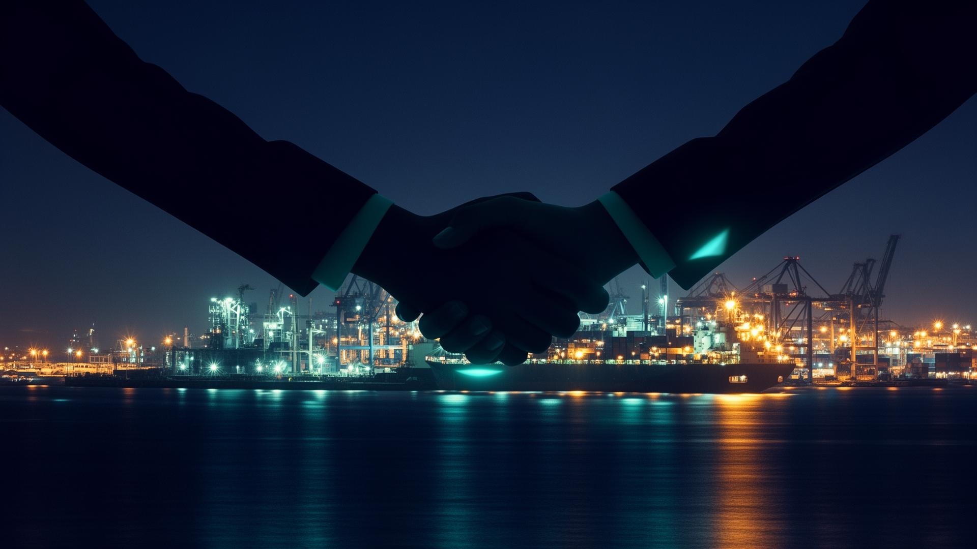 Handshake silhouette over an industrial port at night