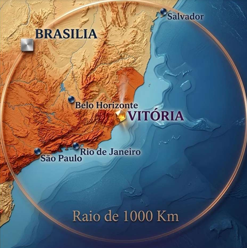 Map showing Vitória within a 1,000 km radius of Brazil's main economic centers